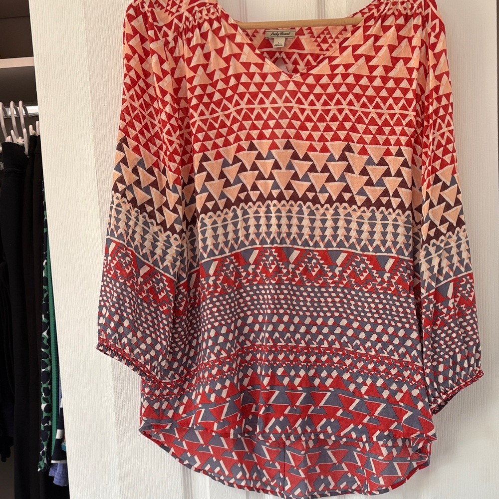 Lucky Brand Blue, Red, Beige Geometric Women's Top